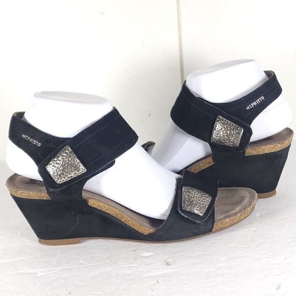 Mephisto Women's Jackie 40 US9-9,5 Black Leather Cork Embellished Wedge Sandals - Picture 8 of 16